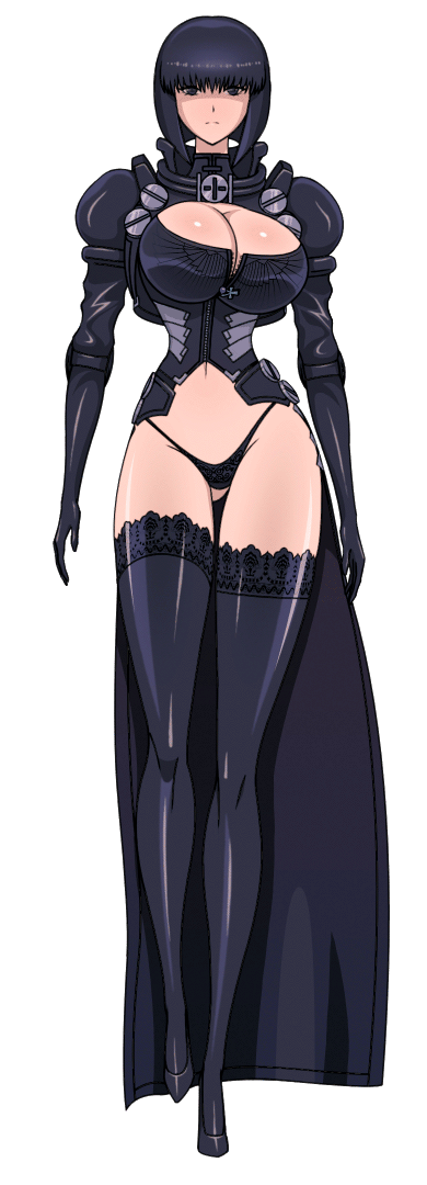 1girl akiranime animated animated_gif bangs black_eyes black_hair black_legwear black_panties bob_cut bolt bouncing_breasts breasts cleavage cleavage_cutout cross female gloves gluteal_fold high_heels hips lace lace-trimmed_thighhighs large_breasts legs l Gifs